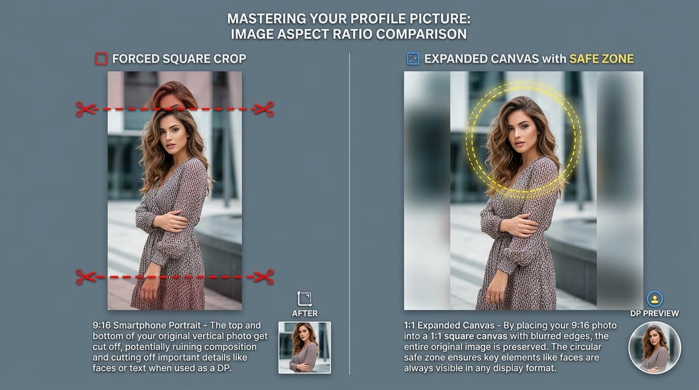 Aspect Ratio Comparison: 9:16 Portrait Forced Square Crop vs 1:1 Expanded Canvas with Circular Safe Zone