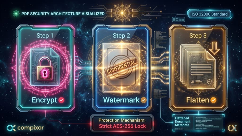 PDF Security Architecture Visualized: Encrypt, Watermark, and Flatten (ISO 32000 Standard)