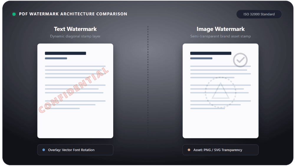 PDF Watermark Architecture Comparison: Text Watermark vs Image Watermark (ISO 32000 Standard)